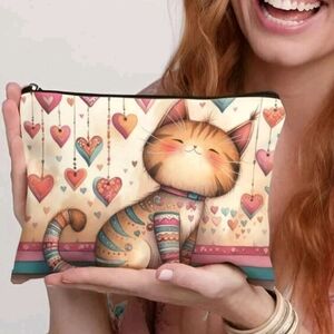 Boho Cute Cat And Hearts Print Canvas Pouch Zipper Purse